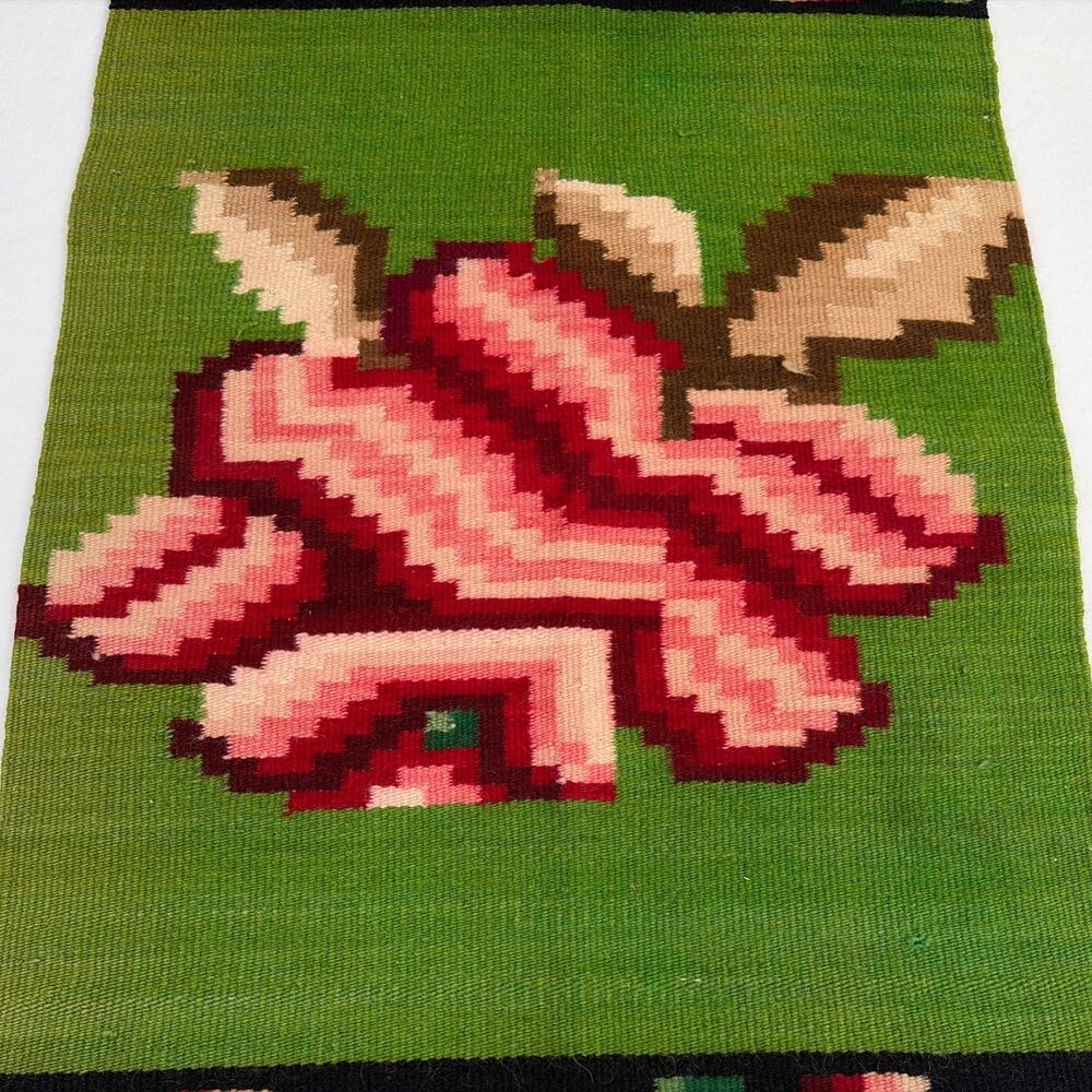 Vintage Woven Wool Red Rose, Green, Black, Tan Rug or Wall Hanging 4' x 2’ - Picture 3 of 8